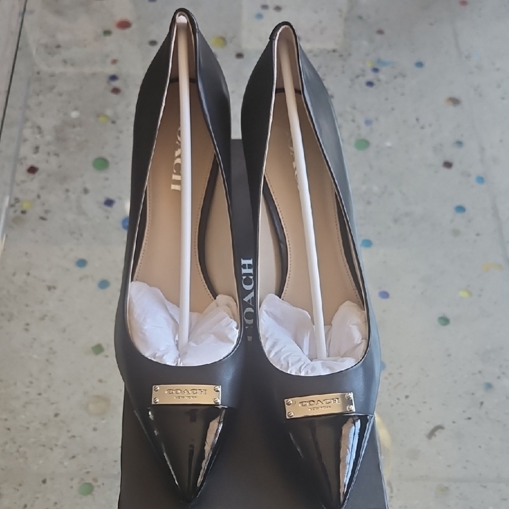 COACH Black Pointed Patent & Leather Pumps with Gold Plaque